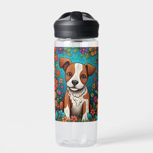 Schattigee Puppy met Whimsical Folk Art Flowers Waterfles (Voorkant)