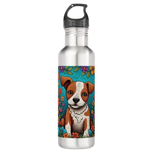 Schattigee Puppy met Whimsical Folk Art Flowers Waterfles (Voorkant)