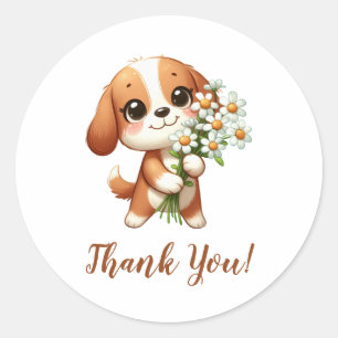 Schattigee Puppy met Zonnebloemen Dank U Ronde Sticker