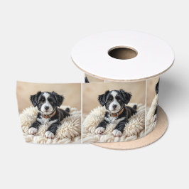 Schattigee puppy op een bontkussen satijnen lint
