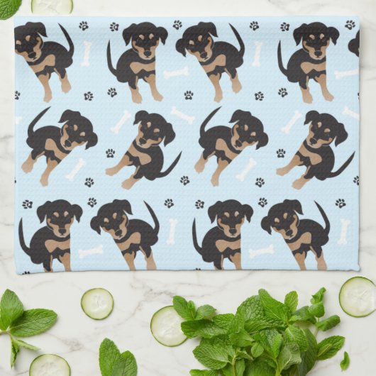 Schattigee Puppy Paw Print Hondenbot Patroon Blauw Theedoek (Gevouwen)