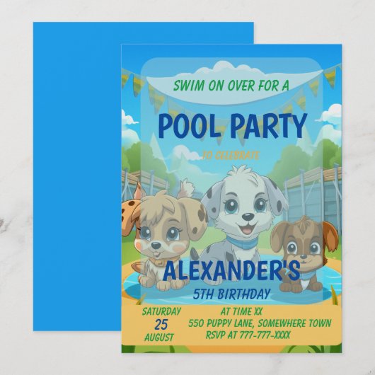 Schattigee Puppy Pool Party Gepersonaliseerde Verj Kaart (Voorkant / Achterkant)