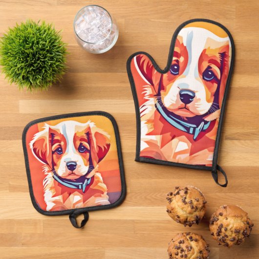 Schattigee Puppy Pop Art Ovenwant & Pannenlap Set (Top down)