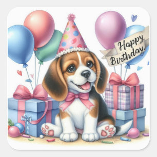Schattigee Puppy Verjaardag Party Illustratie – Gi Vierkante Sticker