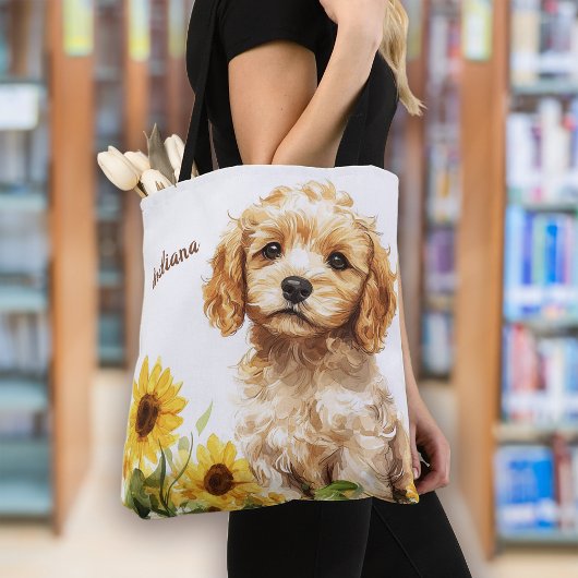 Schattigee Puppy Zonnebloemen Gepersonaliseerd Tote Bag