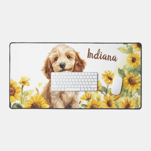 Schattigee Puppy Zonnebloemen Waterverf Bureaumat (Keyboard & Muis)