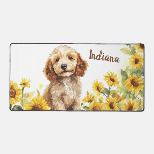 Schattigee Puppy Zonnebloemen Waterverf Bureaumat (Voorkant)