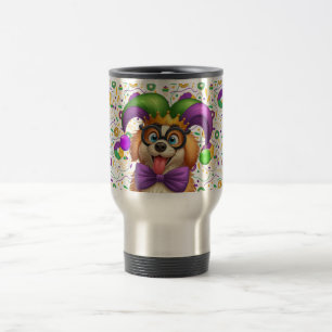 Schattigee puppyhond Mardi Gras in nar pet Reisbeker