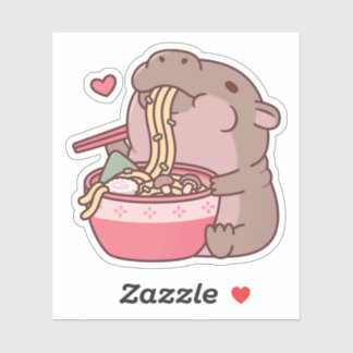 Schattigee Pygmee Hippo slurpen op Ramen Noodles Sticker