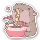Schattigee Pygmee Hippo slurpen op Ramen Noodles Sticker (Voorkant)
