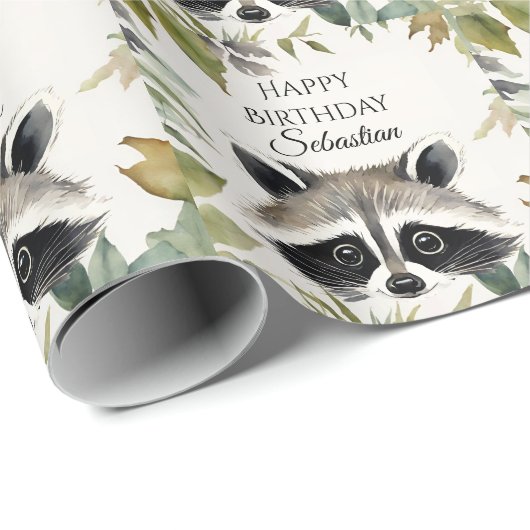 Schattigee Raccoon Woodland Animal Verjaardagsfees Cadeaupapier (Rol Hoek)