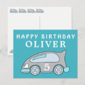 Schattigee race auto blauw Happy Birthday Boy Naam Briefkaart (Voorkant / Achterkant)