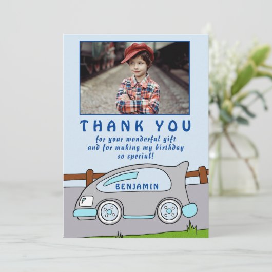 Schattigee Race Auto Blauwe Verjaardag Dank u Foto Bedankkaart (Staand voorkant)