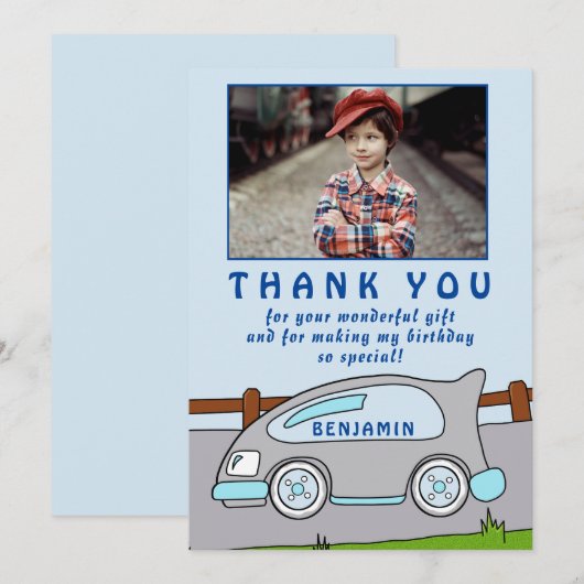 Schattigee Race Auto Blauwe Verjaardag Dank u Foto Bedankkaart (Voorkant / Achterkant)