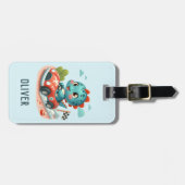 Schattigee Racer Dino Rijden een snelle auto Bagagelabel (Voorkant horizontaal)