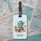 Schattigee Racer Dino Rijden een snelle auto Bagagelabel