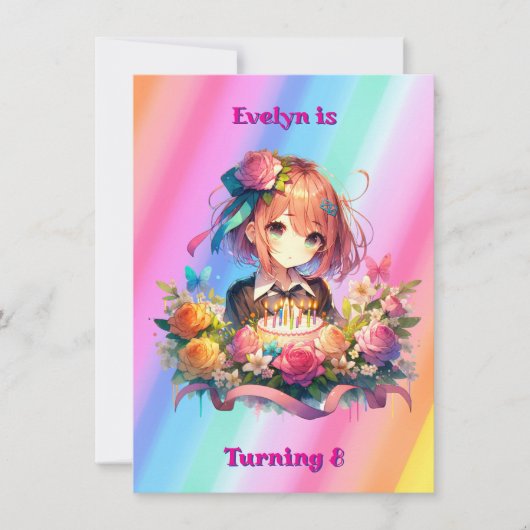 Schattigee Rainbow Anime Girl's Verjaardagsfeestje Kaart (Voorkant)