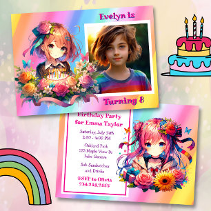 Schattigee Rainbow Anime Girl's Verjaardagsfeestje Kaart