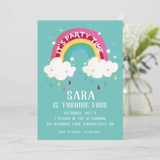 Schattigee Rainbow Birthday Invitation Kaart (Staand voorkant)