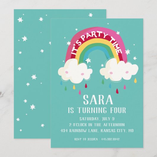 Schattigee Rainbow Birthday Invitation Kaart (Voorkant / Achterkant)
