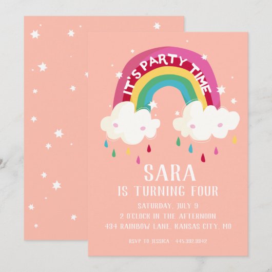 Schattigee Rainbow Birthday Invitation Kaart (Voorkant / Achterkant)