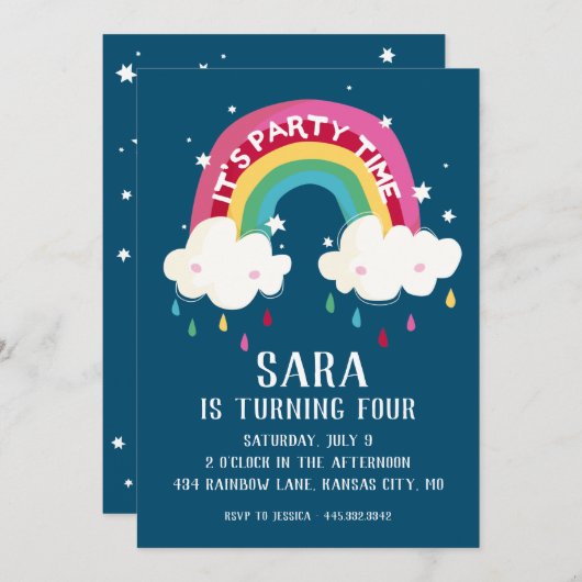 Schattigee Rainbow Birthday Invitation Kaart (Voorkant / Achterkant)