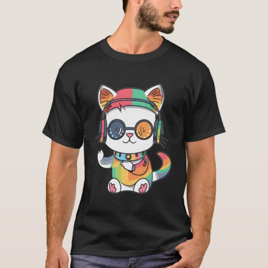 Schattigee Rainbow Cat DJ Techno Festival Raver T-shirt (Voorkant)