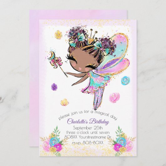 Schattigee Rainbow Glitter Dark Skin Pixie Fairy Kaart (Voorkant / Achterkant)
