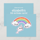 Schattigee Rainbow Narwhal verjaardagsfeestuitnodi Kaart (Voorkant / Achterkant)