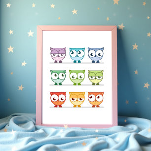 Schattigee Rainbow Owl Nursery Wall Art Poster