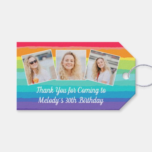 Schattigee Rainbow Photo Collage Custom Verjaardag Cadeaulabel (Voorkant (Horizontaal))