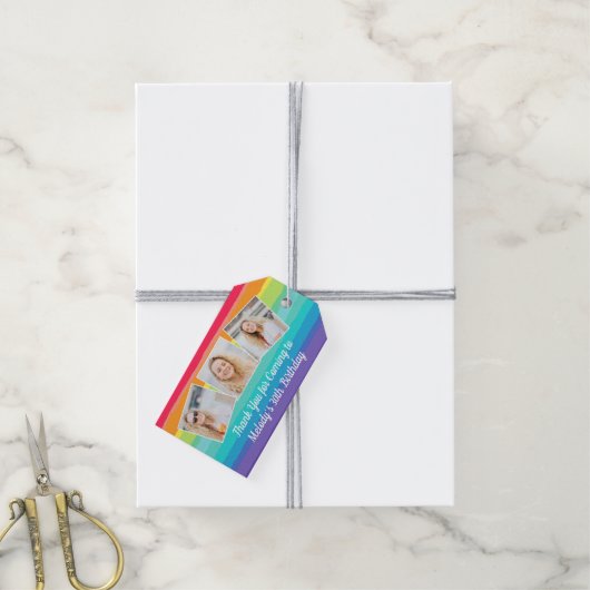 Schattigee Rainbow Photo Collage Custom Verjaardag Cadeaulabel (Met Touw)