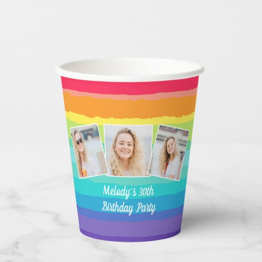 Schattigee Rainbow Photo Collage Custom Verjaardag Papieren Bekers (Voorkant)