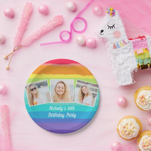 Schattigee Rainbow Photo Collage Custom Verjaardag Papieren Bordje (Feest)