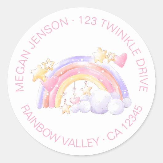Schattigee Rainbow Stars en Cloud Pink Retouradres Ronde Sticker (Voorkant)