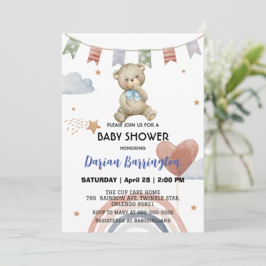 Schattigee Rainbow teddy Bear ballon baby boy show Kaart (Staand voorkant)