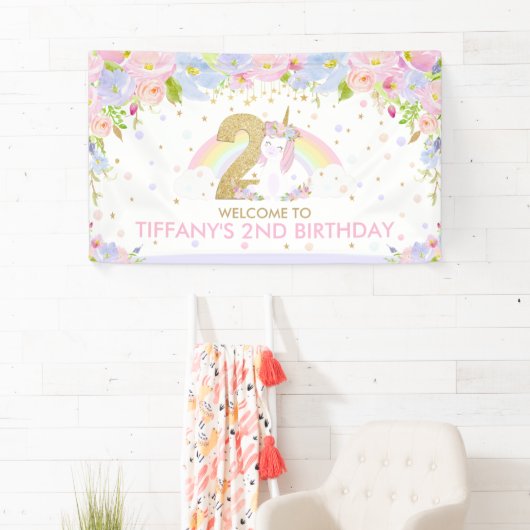 Schattigee Rainbow Unicorn 2e verjaardag Welkom Ac Spandoek (Insitu)