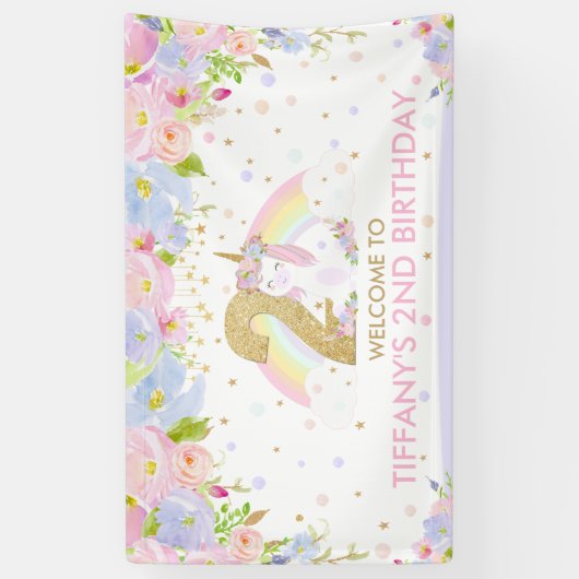 Schattigee Rainbow Unicorn 2e verjaardag Welkom Ac Spandoek (Verticaal)