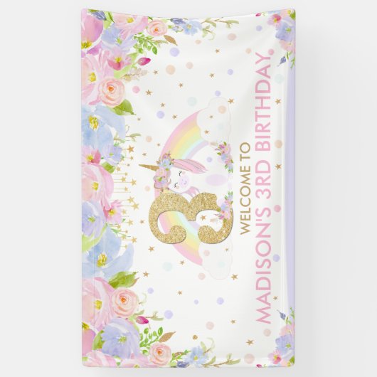 Schattigee Rainbow Unicorn 3e verjaardag Welkom Ac Spandoek (Verticaal)