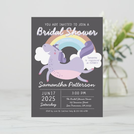 Schattigee Rainbow Unicorn bruidsdouche uitnodigin Kaart (Staand voorkant)