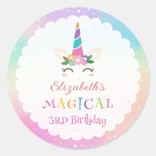 Schattigee Rainbow Unicorn magische verjaardagsfee Ronde Sticker (Voorkant)