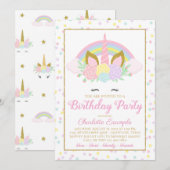 Schattigee Rainbow Unicorn verjaardagsfeestuitnodi Kaart (Voorkant / Achterkant)