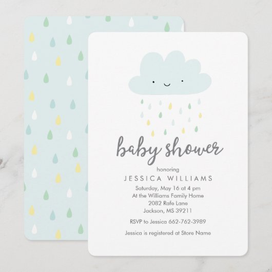 Schattigee Rainy Cloud Baby shower Uitnodiging in  (Voorkant / Achterkant)