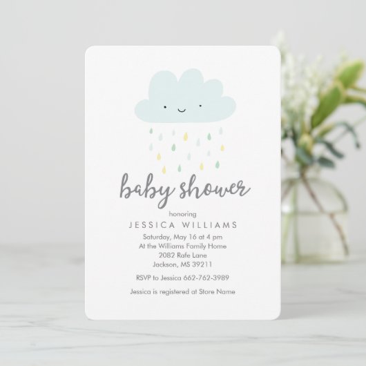 Schattigee Rainy Cloud Baby shower Uitnodiging in  (Staand voorkant)