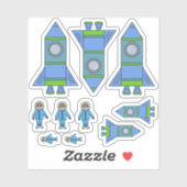 Schattigee raket astronaut blauw groen tekening Ki Sticker (Vel)