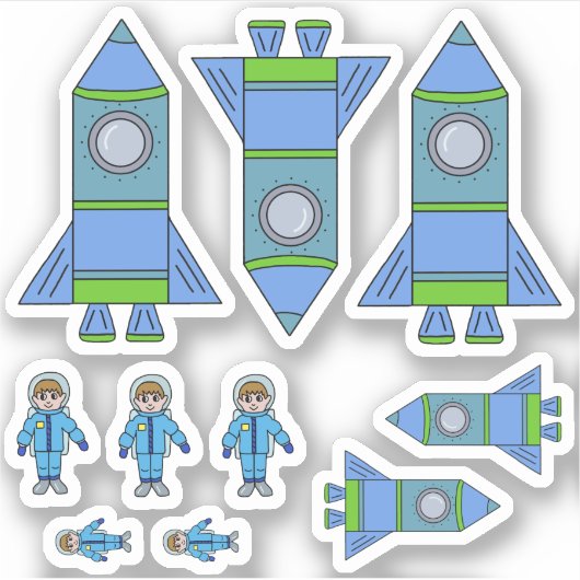Schattigee raket astronaut blauw groen tekening Ki Sticker (Voorkant)