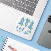 Schattigee raket astronaut blauw groen tekening Ki Sticker (Laptop met iPhone)