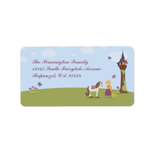 Schattigee rapunzel toren en paard adreslabel etiket (Voorkant)