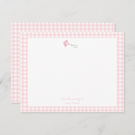 Schattigee Rattle met roze Gingham Border Baby mei Bedankkaart (Voorkant / Achterkant)