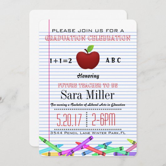 Schattigee Red Apple Teacher Afstuderen Uitnodigin Kaart (Voorkant / Achterkant)